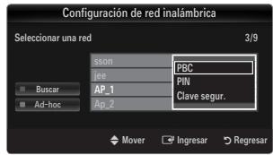 Configuración de red inalámbrica Seleccionar una red 3/9 sson PBC jee PIN AP_1 Clave segur. Ap_2 Mover Ingresar Regresar