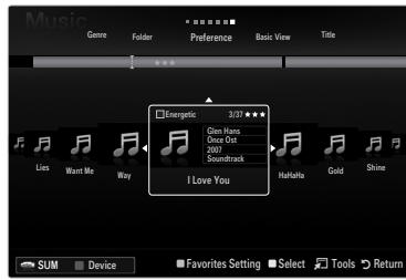Music Genre Föder Preference Basic View Title Energetic 3/27 ★★★★ Glen Hans Sound Ors 2007 Soundtrack I Love You Hafells Gold Shine SUM Device Favorites Setting Select Tools Return
