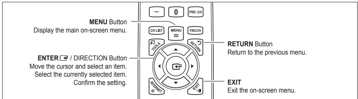 MENU Button Display the main on-screen menu. ENTER / DIRECTION Button Move the cursor and select an item. Select the currently selected item. Confirm the setting. - 0 PRE-CH CH LIST MENU FAV.CH TOOLS RETURN INTERNET EXIT RETURN Button Return to the previous menu. EXIT Exit the on-screen menu.