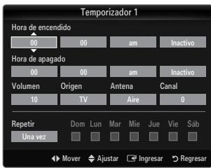 Temporizador 1 Hora de encendido 00 00 am Inactivo Hora de apagado 00 00 am Inactivo Volumen Origen Antena Canal 10 TV Aire 0 Repetir Dom Lun Mar Mie Jue Vie Sáb Una vez Mover Ajustar Ingresar Regresar