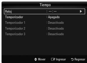 Tiempo Reloj : --: -- Temporizador : Apagado Temporizador 1 : Desactivado Temporizador 2 : Desactivado Temporizador 3 : Desactivado Mover Ingresar Regresar
