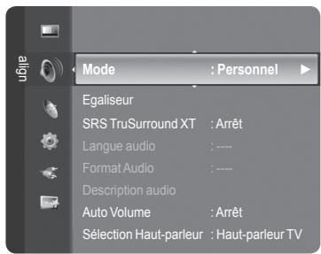 Mode : Personnel Egaliseur SRS TruSurround XT : Arrêt Langue audio : ---- Format Audio : ---- Description audio Auto Volume : Arrêt Sélection Haut-parleur : Haut-parleur TV