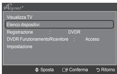 Anynet+ Visualizza TV Elenco dispositivi Registrazione : DVDR DVDR FunzionamentoRicevitore : Acceso Impostazione Sposta Conferma Ritorno