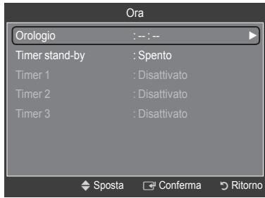Ora Orologio : -- : -- Timer stand-by : Spento Timer 1 : Disattivato Timer 2 : Disattivato Timer 3 : Disattivato Sposta Conferma Ritorno