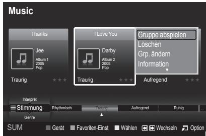 Music Thanks Jee Album 1 2005 Pop I Love You Darby Album 2 2005 Pop Gruppe abspielen Löschen Grp. ändern Information Traurig Aufregend Interpret Stimmung Rhythmsch Traurig Aufregend Ruhig Genre SUM Gerat Favoriten-Einst Wahlen Wechseln Option