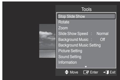 Tools Stop Slide Show Rotate Zoom Slide Show Speed : Normal Background Music : Off Background Music Setting Picture Setting Sound Setting Information Move Enter Exit