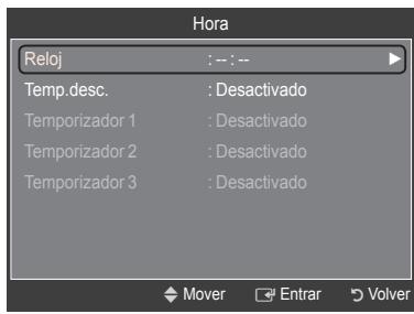 Hora Reloj : -- : -- Temp.desc. : Desactivado Temporizador 1 : Desactivado Temporizador 2 : Desactivado Temporizador 3 : Desactivado Mover Enrar Volver