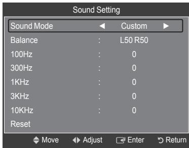 Sound Setting Sound Mode ◄ Custom ► Balance : L50 R50 100Hz : 0 300Hz : 0 1KHz : 0 3KHz : 0 10KHz : 0 Reset ◆ Move ► Adjust ◀ Enter → Return