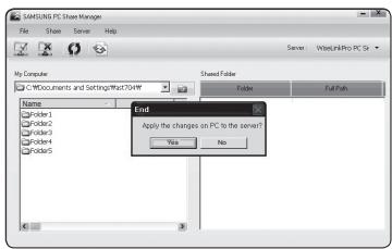 SAMSUNG PC Share Manager File Share Server Help Server: WorldLinkPro PC Sr My Computer C:\Documents and Settings\What\Other Name Folder1 Folder2 Folder3 Folder4 Folder5 Send Folder Folder Full Path End Apply the changes on PC is the same? No No