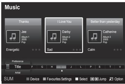 Music Thanks Jee Album 1 2005 Pop Energetic I Love You Darby Album 2 2005 Pop Sad Better than yesterday Catherine Album 3 2005 Pop Calm Preference Title F G H J L P S T V Artist Device Favours Settings Select Jump Option SUM