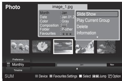 Photo image_1.jpg Month : Jan Date : Jan.01.2 Color : Gray Composition : Folder : P-other Favourites : ★★★ Slide Show Play Current Group Delete Information Preference Monthly Timeline SUM Device Favourites Settings Select Jump Option
