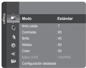 Modo :Estándar Imin.celda :7 Contraste :95 Brillo :45 Nitidez :50 Color :50 Matiz (V/R) :V50/R50 Configuración detallada