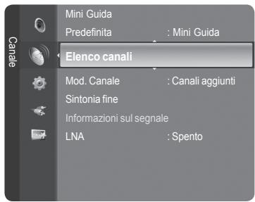 Mini Guida Predefinita : Mini Guida Elenco canali Mod. Canale : Canali aggiunti Sintonia fine Informazioni sul segnale LNA : Spento