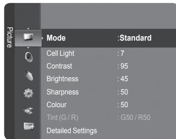 Picture Mode :Standard Cell Light : 7 Contrast : 95 Brightness : 45 Sharpness : 50 Colour : 50 Tint (G / R) : G50 / R50 Detailed Settings