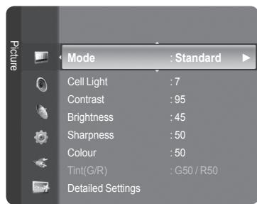 Mode : Standard Cell Light : 7 Contrast : 95 Brightness : 45 Sharpness : 50 Colour : 50 Tint(G/R) : G50 / R50 Detailed Settings