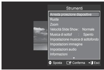 Strumenti Arresta proiezione diapositive Ruota Zoom Velocità Slide Show : Normale Musica di sottof : Spento Impostazione musica di sottofondo Impostazioni immagine Impostazioni audio Informazioni Sposta Conferma Esci