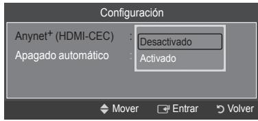 Configuración Anynet+ (HDMI-CEC) : Desactivado Apagado automático : Activado Mover Enrar Volver