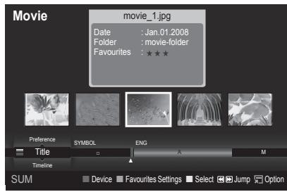 Movie movie_1.jpg Date : Jan.01.2008 Folder : movie-folder Favourites : ★★★ Preference SYMBOL ENG A M Title Timeline SUM Device Favourites Settings Select Jump Option