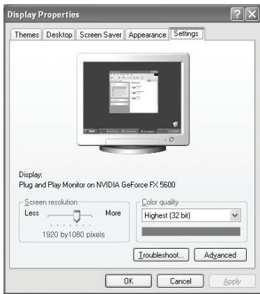 Display Properties Themes Desktop Screen Saver Appearance Settings Display: Plug and Play Monitor on NVIDIA GeForce FX 5600 Screen resolution More Less 1920 by 1080 pixels Color quality Highest (32 bit) Troubleshoot... Advanced OK Cancel Apply