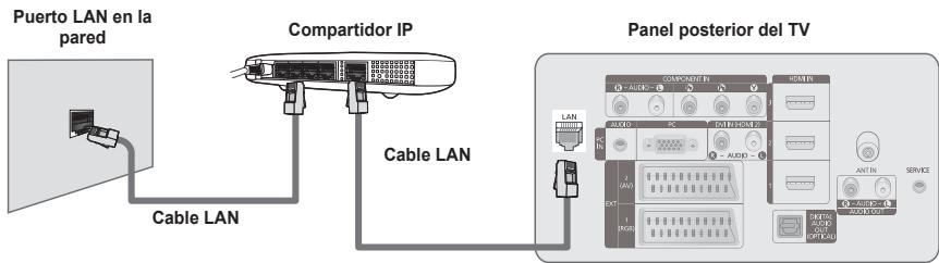Puerto LAN en la pared Cable LAN Compartidor IP Cable LAN Panel posterior del TV COMPARTID IN AUXIC DC DUAL HOSP AUXIC ANTIN SERVICE AUTICAL AUDIO OFFICE