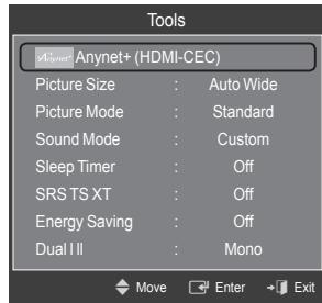 Tools Anynet+ (HDMI-CEC) Picture Size : Auto Wide Picture Mode : Standard Sound Mode : Custom Sleep Timer : Off SRS TS XT : Off Energy Saving : Off Dual I ll : Mono