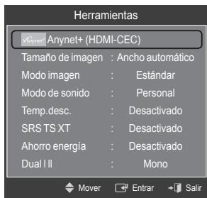 Herramientas Anynet+ (HDMI-CEC) Tamaño de imagen : Ancho automático Modo imagen : Estándar Modo de sonido : Personal Temp.desc. : Desactivado SRS TS XT : Desactivado Ahorro energía : Desactivado Dual I II : Mono