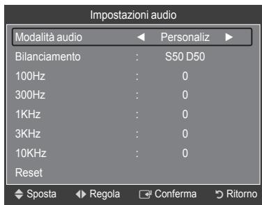Impostazioni audio Modalità audio Personaliz Bilanciamento : S50 D50 100Hz : 0 300Hz : 0 1KHz : 0 3KHz : 0 10KHz : 0 Reset ◆ Sposta ▶ Regola □ Conferma → Ritorno