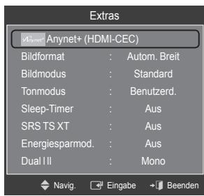 Extras Anynet+ (HDMI-CEC) Bildformat : Autom. Breit Bildmodus : Standard Tonmodus : Benutzerd. Sleep-Timer : Aus SRS TS XT : Aus Energiesparmod. : Aus Dual II : Mono