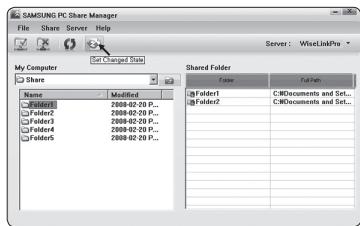 SAMSUNG PC Share Manager File Share Server Help My Computer Share Name Modified Folder1 2008-02-20 P... Folder2 2008-02-20 P... Folder3 2008-02-20 P... Folder4 2008-02-20 P... Folder5 2008-02-20 P... Sorted Shared Folder Folder1 C:\Documents and Set... Folder2 C:\Documents and Set... Shared Folder1 Folder2 C:\Documents and Set... C:\Documents and Set...