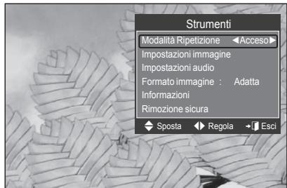 Strumenti Modalità Ripetizione Impostazioni immagine Impostazioni audio Formato immagine : Adatta Informazioni Rimozione sicura Sposta Regola Esci