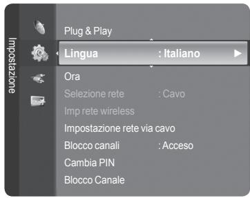 Plug & Play Lingua : Italiano Ora Selezione rete : Cavo Imp rete wireless Impostazione rete via cavo Blocco canali : Acceso Cambia PIN Blocco Canale