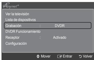 Anynet* Ver la televisión Lista de dispositivos Grabación : DVDR DVDR Funcionamiento Receptor : Activado Configuración Mover Enrar Volver