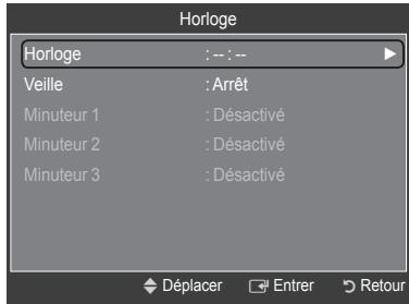 Horloge Horloge : -- : -- Veille : Arrêt Minuteur 1 : Désactivé Minuteur 2 : Désactivé Minuteur 3 : Désactivé Déplacer Entrer Retour