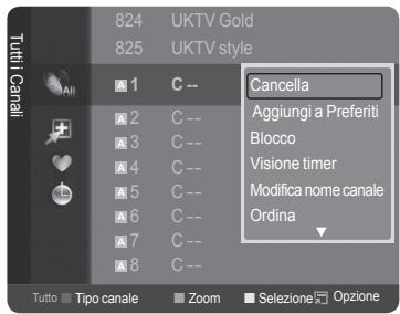 Tutti Canali 824 UKTV Gold 825 UKTV style 1 C -- 2 C -- 3 C -- 4 C -- 5 C -- 6 C -- 7 C -- 8 C -- Cancella Aggiungi a Preferiti Blocco Visione timer Modifica nome canale Ordina Tutto Tipo canale Zoom Selezione Opzione