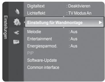 Digitaltext : Deaktivieren Lichteffekt : TV Modus An Einstellung für Wandmontage Melodie : Aus Entertainment : Aus Energiesparmod. : Aus PIP Software-Update Common interface