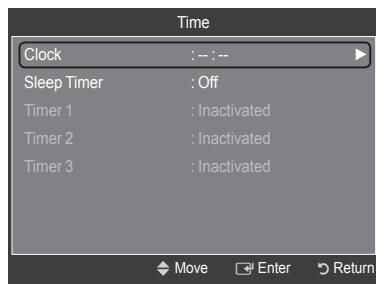 Time Clock : -- : -- Sleep Timer : Off Timer 1 : Inactivated Timer 2 : Inactivated Timer 3 : Inactivated Move Enter Return