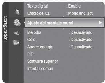 Configuración Texto digital : Enable Efecto de luz : Modo enc. act. Ajuste del montaje mural Melodia : Desactivado Ocio : Desactivado Ahorro energía : Desactivado PIP Software superior Interfaz común