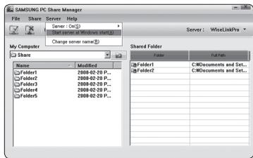 SAMSUNG PC Share Manager File Share Server Help Server: C:\Users\msgn Start server at Microsoft.msgn Change server name: Server: WstelakPro My Computer Share Name Modified Folder1 Corrected Folder2 Corrected Folder3 Corrected Folder4 Corrected Folder5 Corrected Shared Folder Folder Full Path Folder1 C:\Documents and Set... Folder2 C:\Documents and Set... Folder3 Folder4 Folder5 Shared Folder: Folder1 Corrected Folder2 Corrected Folder3 Folder4 Folder5 Shared Folder: Folder1 C:\Documents and Set... Folder2 C:\Documents and Set...