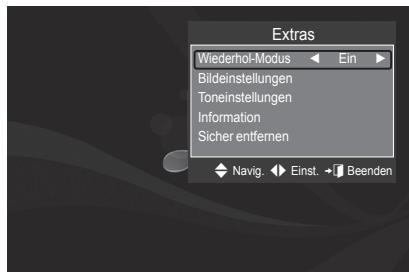 Extras Wiederhol-Modus Ein Bildeinstellungen Toneinstellungen Information Sicher entfernen Navig. Einst. Beenden