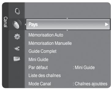 Pays Mémorisation Auto Mémorisation Manuelle Guide Complet Mini Guide Par défaut : Mini Guide Liste des chaînes Mode Canal : Chaînes ajoutées