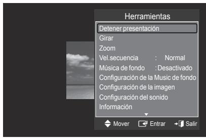 Herramientas Detener presentación Girar Zoom Vel. secuencia : Normal Música de fondo : Desactivado Configuración de la Music de fondo Configuración de la imagen Configuración del sonido Información Mover Entrar Salir