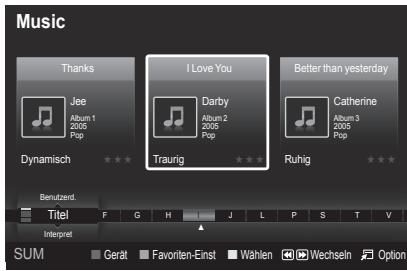 Music Thanks Jee Album 1 2005 Pop Dynamisch I Love You Darby Album 2 2005 Pop Traurig Better than yesterday Catherine Album 3 2005 Pop Ruhig Benutzerd. Titel F G H J L P S T V Interpret SUM Geraf Favoriten-Einst Wahlen Wechseln Option