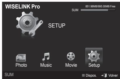 WISELINK Pro 851.98MB/995.00MB Free SUM SETUP Photo Music Movie Setup SUM Dispos. → Volver