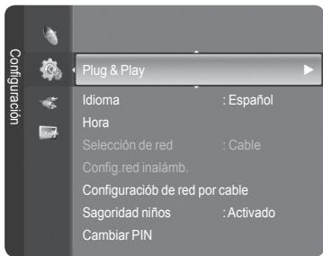 Configuración Plug & Play Idioma : Español Hora Selección de red : Cable Config.red inalámb. Configuraciób de red por cable Sagoridad niños : Activado Cambiar PIN