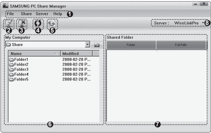 SAMSUNG PC Share Manager File Share Server Help Server: WiseLinkPro My Computer Share Name Modified Folder1 2008-02-20 P... Folder2 2008-02-20 P... Folder3 2008-02-20 P... Folder4 2008-02-20 P... Folder5 2008-02-20 P... Shared Folder Folder Full Path
