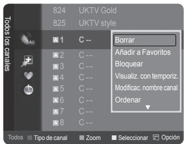 824 UKTV Gold 825 UKTV style 1 C -- A 2 C -- A 3 C -- A 4 C -- A 5 C -- A 6 C -- A 7 C -- A 8 C -- Todos dos canales Borrar Añadir a Favoritos Bloquear Visualiz. con temporiz. Modificac. nombre canal Ordenar Todos Tipo de canal Zoom Seleccionar Opción