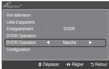 Anynet* Voir télévision Liste d'appareils Enregistrement : DVDR DVDR Operation DVDR Operation ← Marche ► Configuration Déplacer ► Régler ► Retour