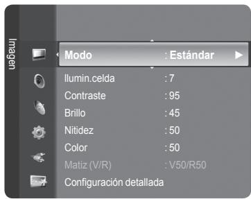 Modo : Estándar Ilumin.celda : 7 Contraste : 95 Brillo : 45 Nitidez : 50 Color : 50 Matiz (V/R) : V50/R50 Configuración detallada