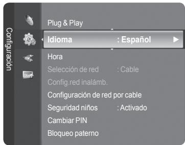 Plug & Play Idioma : Español Hora Selección de red : Cable Config.red inalámb. Configuración de red por cable Seguridad niños : Activado Cambiar PIN Bloqueo paterno