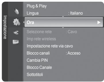 Plug & Play Lingua : Italiano Ora Selezione rete : Cavo Imp rete wireless Impostazione rete via cavo Blocco canali : Acceso Cambia PIN Blocco Canale Sottotitoli